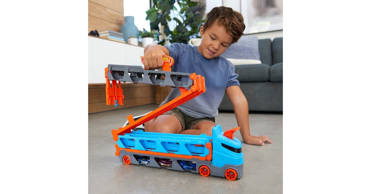 2-in-1 Wheels Rennbahn-Transporter, Spielfahrzeug blau/orange Hot