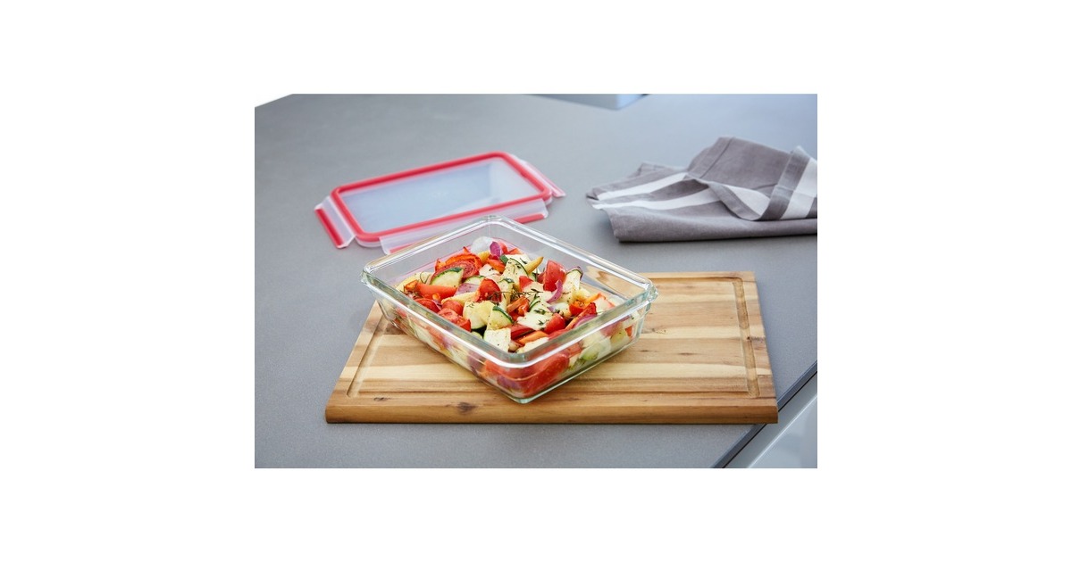 Emsa CLIP & CLOSE Glas-Frischhaltedose 0,7 Liter transparent/rot, rechteckig