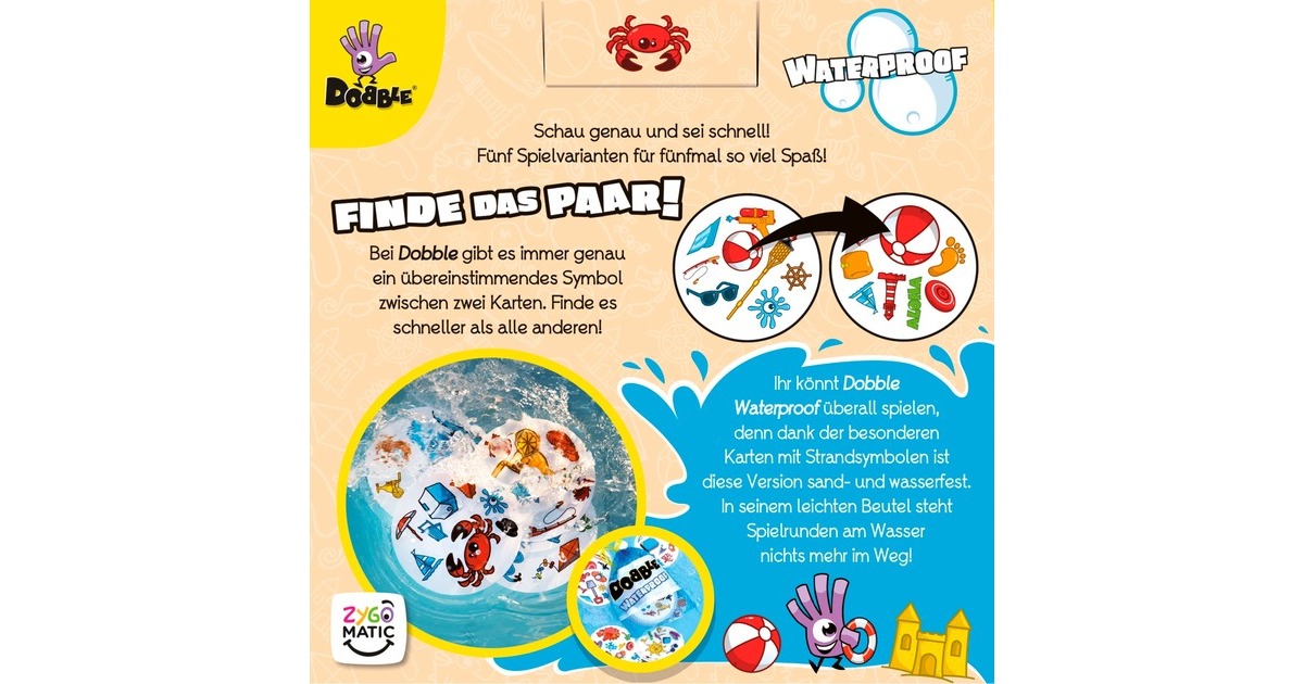 Asmodee Dobble Waterproof – Wasserdichtes Kartenspiel Für Die Ganze Familie, Italienische Ausgabe, 55 Karten, 8 Symbole, 7 Minispiele