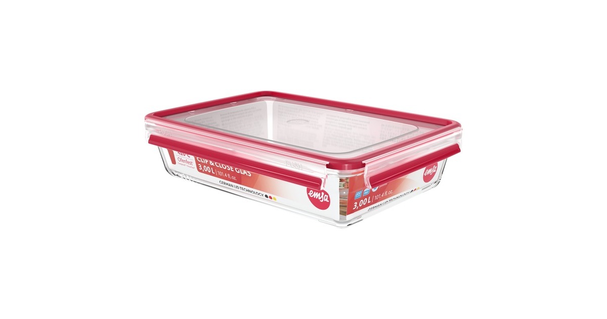 Emsa CLIP & CLOSE Glas-Frischhaltedose 3,0 Liter transparent/rot, rechteckig
