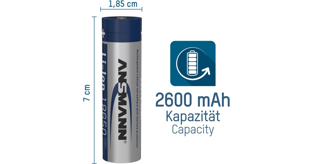 Ansmann Li-Ion Akku 2.600 mAh, mit Micro-USB Ladebuchse 18650, 1 Stück