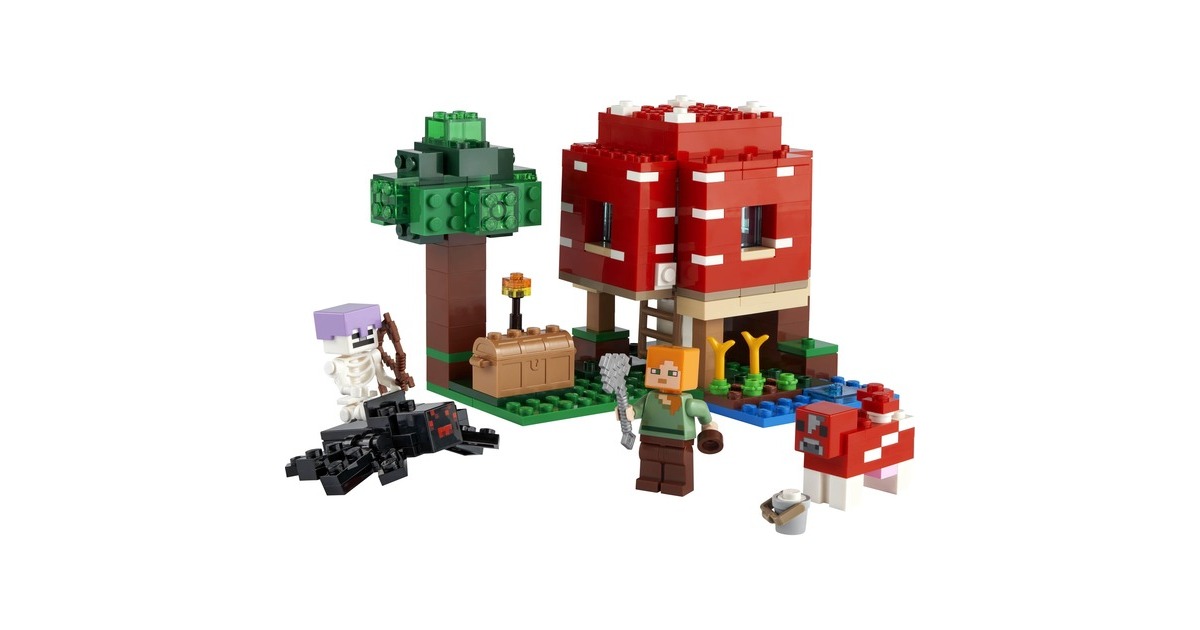 LEGO 21179 Minecraft Das Pilzhaus Konstruktionsspielzeug Spielzeug ab 8 Jahren Geschenk fur Kinder mit Figuren von Alex Mooshroom Spinnenreiter Kinderspielzeug