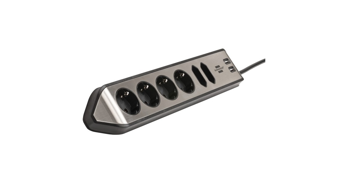 Brennenstuhl estilo Eck-Steckdosenleiste 6-fach schwarz/edelstahl, 2 Meter, 2x USB