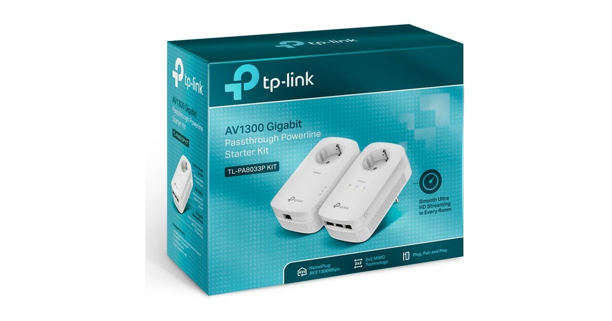 TPLink TLPA8033P KIT AV1300 Gigabit Passthrough Powerline Starter Kit