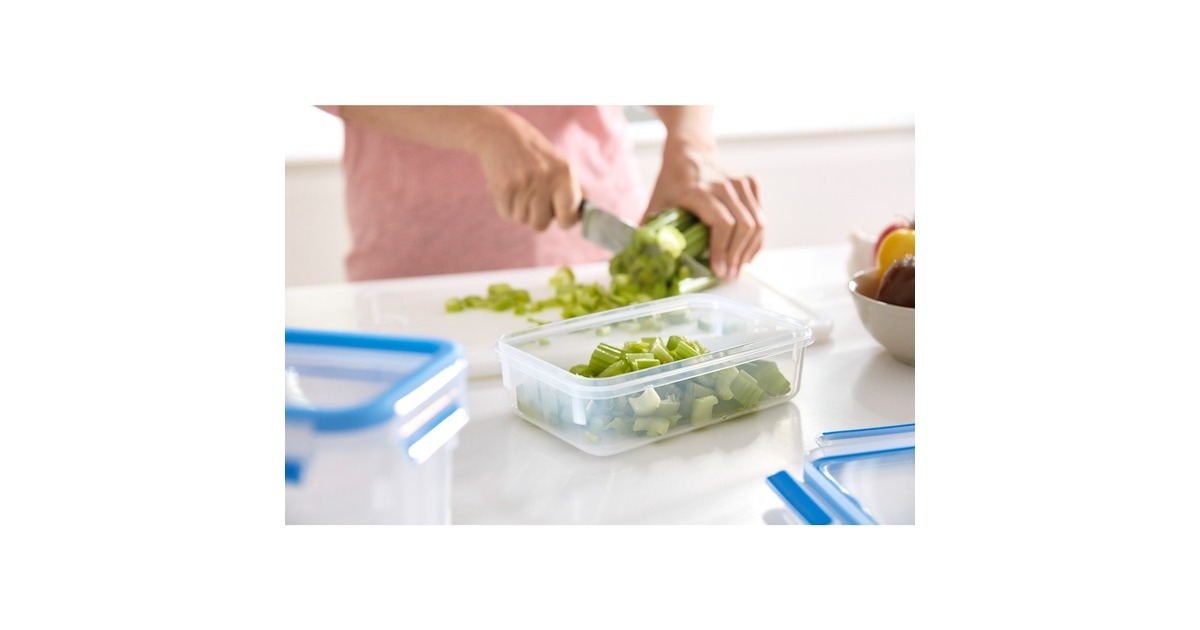 Emsa CLIP & CLOSE Aufschnittbox-System 1,0 Liter, 4-teilig, Dose transparent/blau, rechteckig