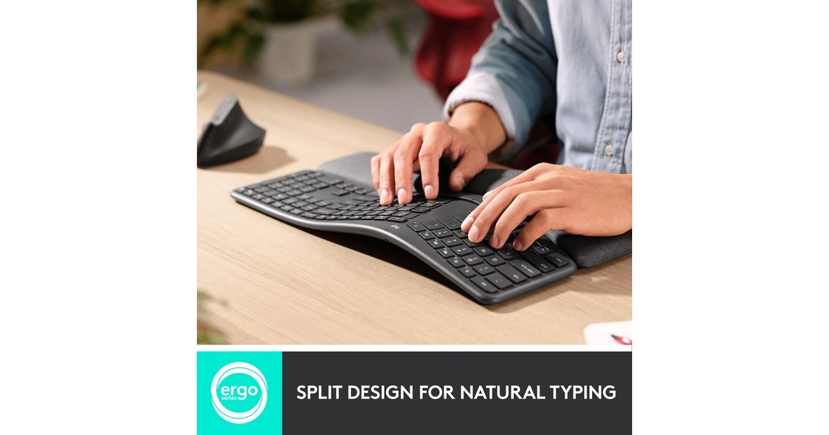 Logitech ERGO K860 Geteilte Tastatur + Lift Maus Für Linkshänder – Ergonomisches Set, Kabellos