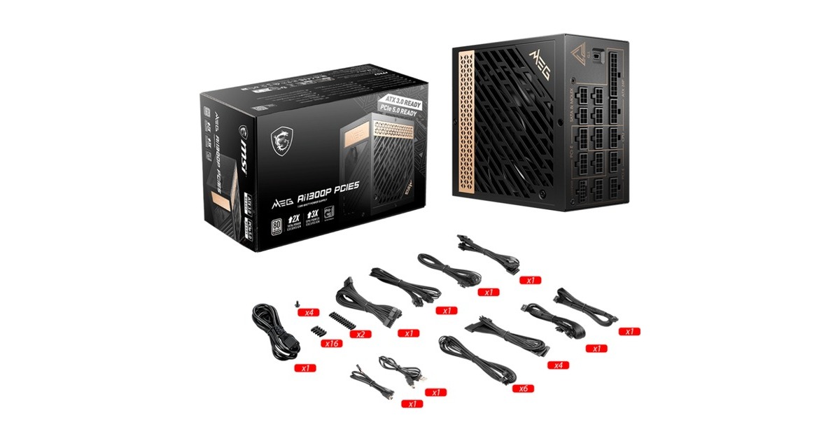 MSI MEG Ai1300P PCIE5 1300W, PC-Netzteil schwarz, 9x PCIe, Kabel