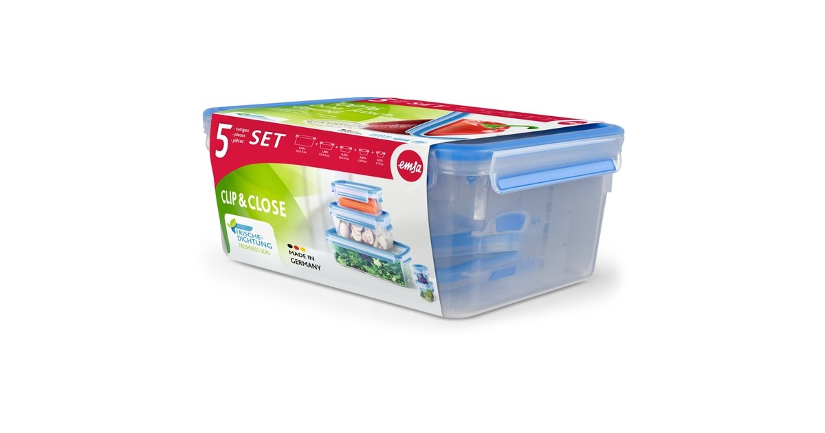 Emsa CLIP & CLOSE Frischhaltedosen-Set, 5-teilig transparent/blau, 4 rechteckige, 1 runde Dose + 5 Deckel