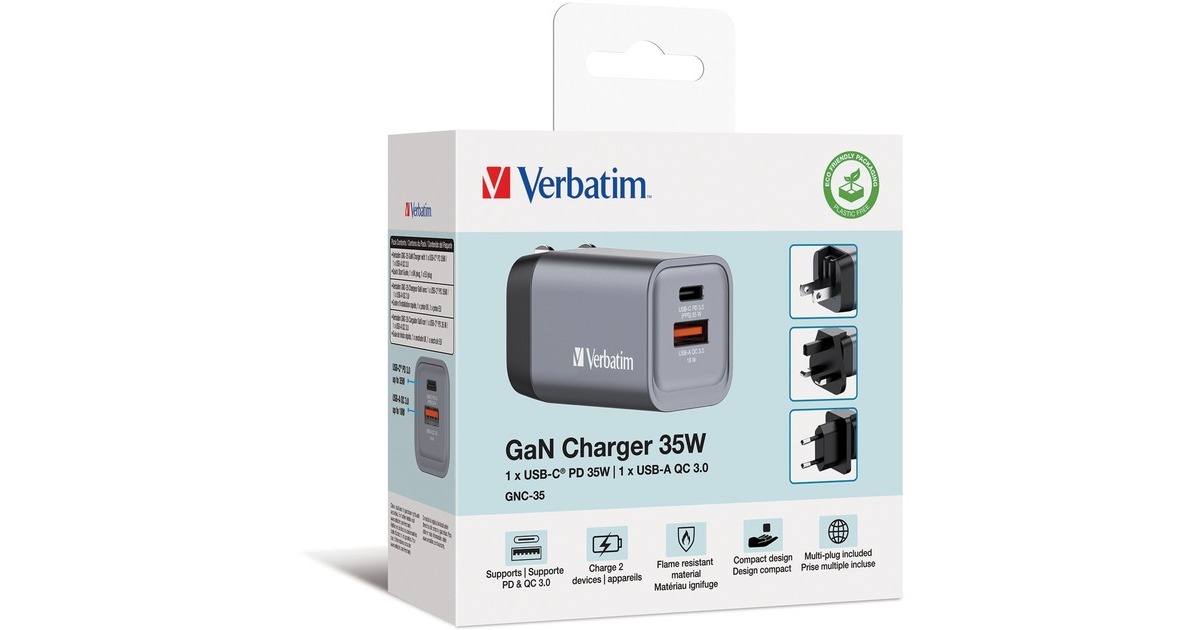 Verbatim GaN-Ladegerät 35W, 1x USB-A , 1x USB-C grau, PD 3.0, QC 3.0