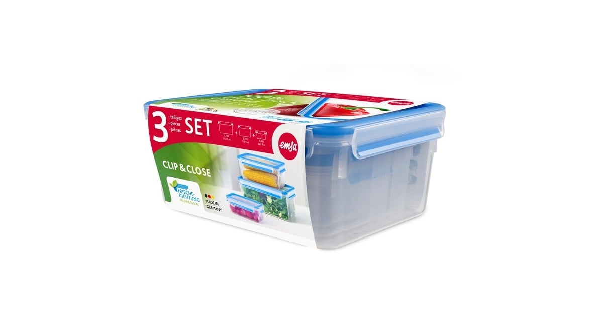 Emsa CLIP & CLOSE Frischhaltedosen-Set, 3-teilig transparent/blau, rechteckig, 3 Dosen + 3 Deckel