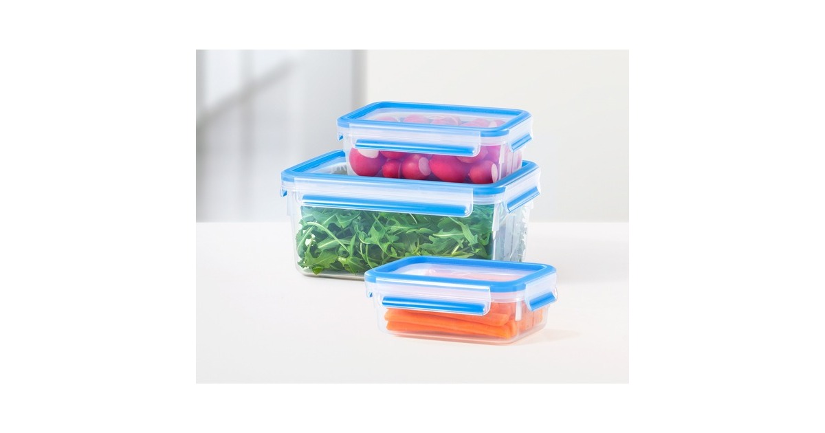 Emsa CLIP & CLOSE Frischhaltedosen-Set, 3-teilig transparent/blau, rechteckig, 3 Dosen + 3 Deckel