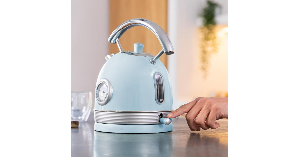 Cecotec ThermoSense 420 Elektrische waterkoker, lichtblauw, inhoud 1,8 liter, 2200 W, temperatuurmeter, basis 360 graden, roestvrij staal, vintage stijl, blauw