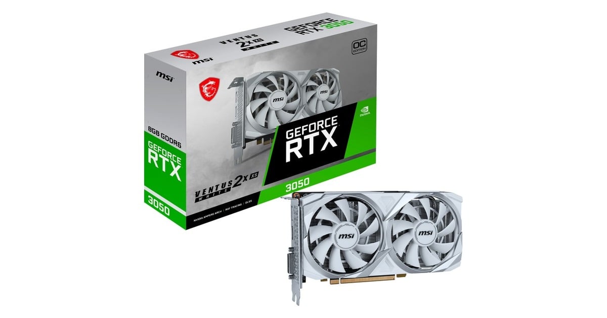 MSI GeForce RTX 3050 Ventus 2X XS WHITE 8G OC, Grafikkarte 1x DisplayPort, 1x HDMI 2.1, 1x DVI-D MSI GeForce RTX 3050 Ventus 2X XS WHITE 8G OC, Grafikkarte 1x DisplayPort, 1x HDMI 2.1, 1x DVI-D