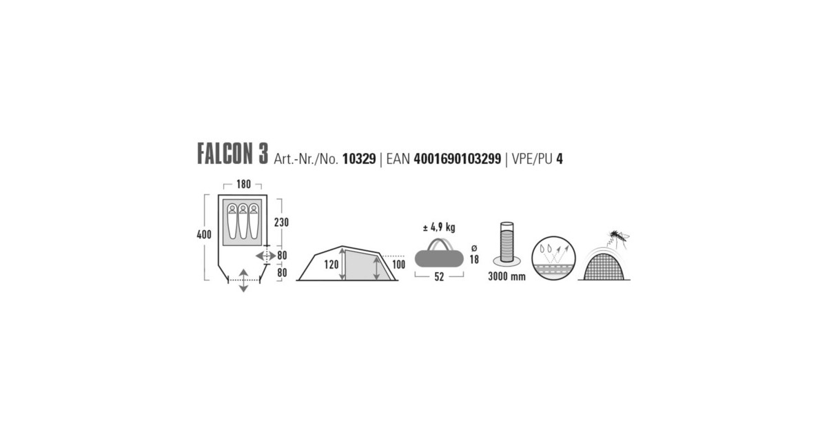 Tente High Peak Falcon 3 - Pour 3 Personnes, Modèle 10329 - Légère (1 Kg), Qualité Supérieure - Idéale Randonnée, Trekking
