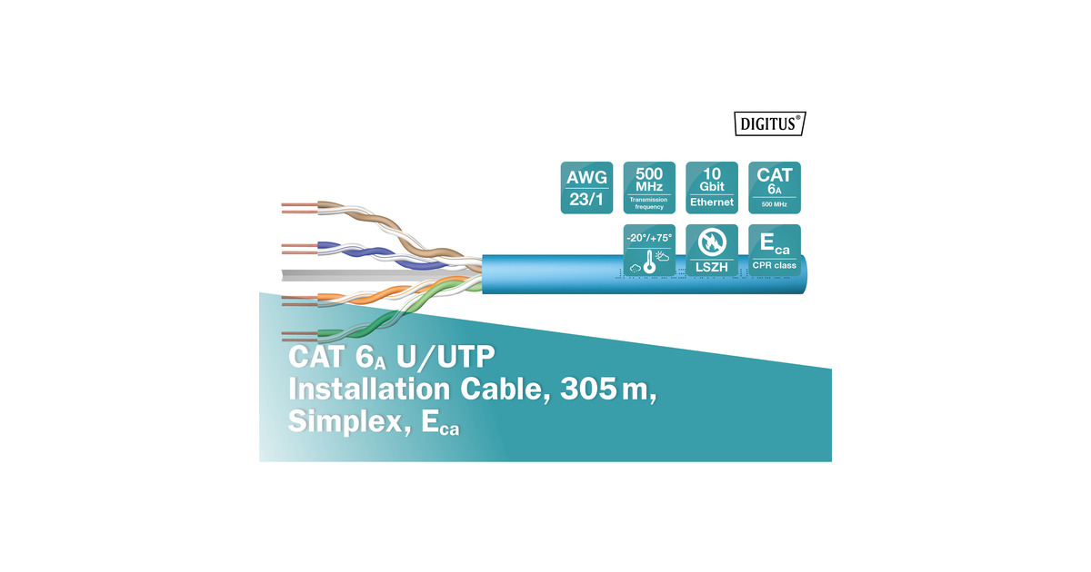 Utp Simplex Digitus Professional Cat.6a U/UTP Verlegekabel simplex, Eca blau, 305 ...