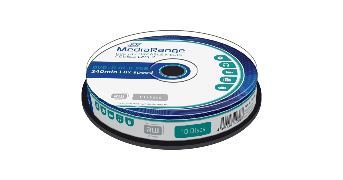 MediaRange DVD+R DL 8,5 GB, DVDRohlinge 8fach, 10 Stück
