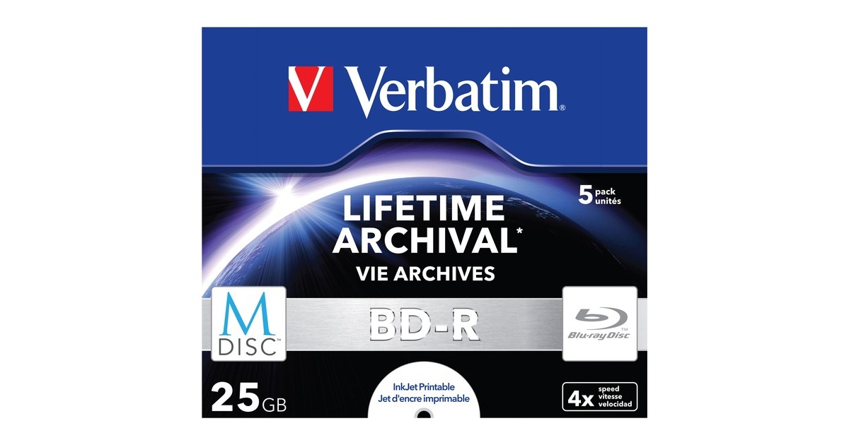Verbatim BDR MDisc 25GB, BlurayRohlinge 4fach, 5 Stück, bedruckbar