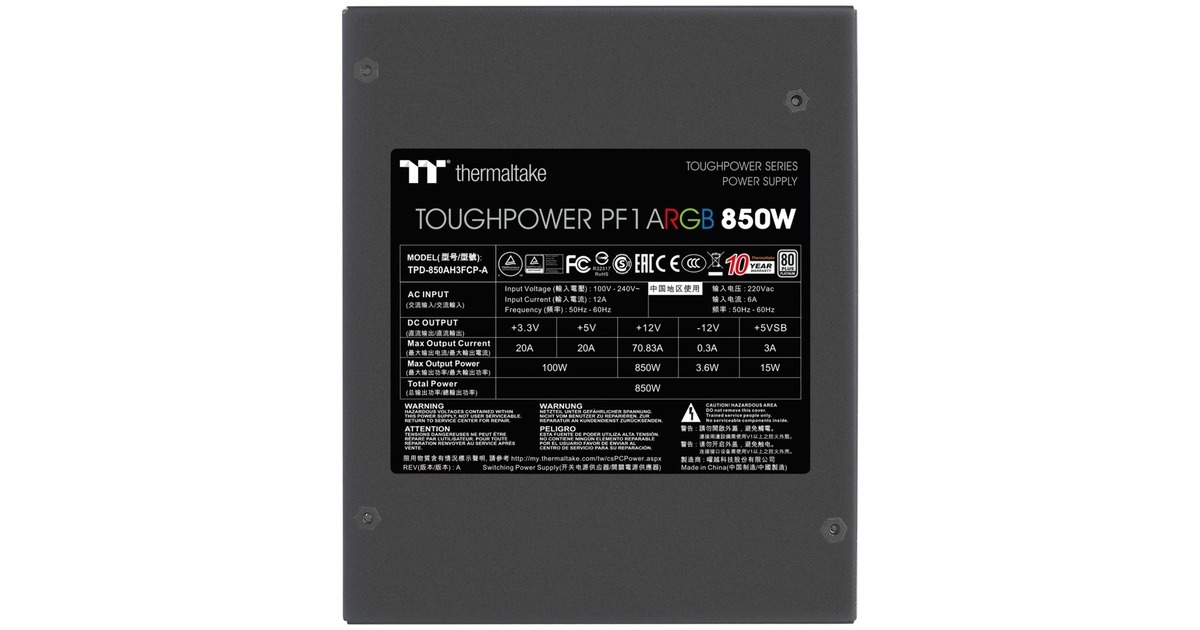 Thermaltake Toughpower PF1 ARGB 850W, PC-Netzteil schwarz, 6x PCIe ...