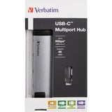 Verbatim USB 3.2 Gen 1 Multiport-Hub, USB-C Stecker > 2x USB-A + USB-C Buchse + HDMI-Buchse + RJ-45 Buchse, USB-Hub silber/schwarz, PD, Laden mit bis zu 100 Watt