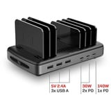 Lindy 160W 6 Port USB-Ladestation, 3x USB-A + 3x USB-C schwarz/grau, PD 3.0, QC 3.0/4.0, Samsung AFC, gleichzeitiges Laden von 6 Tablets / Smartphones