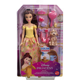 Mattel Disney Prinzessin Baden und Bürsten Belle-Modepuppe mit Hündchen mit Farbwechseleffekt und Zubehör