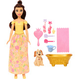 Mattel Disney Prinzessin Baden und Bürsten Belle-Modepuppe mit Hündchen mit Farbwechseleffekt und Zubehör