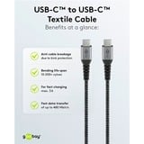 goobay USB-C Schnellladeset, PD, 65 Watt, USB-C Textilkabel, Ladegerät schwarz, 1x USB-C PD, 1 Meter Kabel