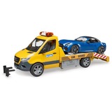 bruder 02675 MB Sprinter Autotransporter mit Light & Sound Modul , Modellfahrzeug orange/blau, Inkl. Roadster