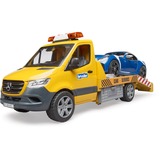 bruder 02675 MB Sprinter Autotransporter mit Light & Sound Modul , Modellfahrzeug orange/blau, Inkl. Roadster