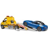 bruder 02675 MB Sprinter Autotransporter mit Light & Sound Modul , Modellfahrzeug orange/blau, Inkl. Roadster