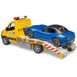 bruder 02675 MB Sprinter Autotransporter mit Light & Sound Modul , Modellfahrzeug orange/blau, Inkl. Roadster