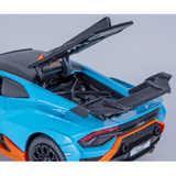 Jamara Lamborghini Huracán STO Diecast, Modellfahrzeug blau, Maßstab 1:32, inkl. Knopfzellen, Rückzugmotor