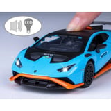Jamara Lamborghini Huracán STO Diecast, Modellfahrzeug blau, Maßstab 1:32, inkl. Knopfzellen, Rückzugmotor