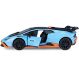 Jamara Lamborghini Huracán STO Diecast, Modellfahrzeug blau, Maßstab 1:32, inkl. Knopfzellen, Rückzugmotor