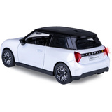 Jamara BMW Mini Cooper Diecast, Modellfahrzeug weiß, Maßstab 1:28, inkl. Knopfzellen, Rückzugmotor