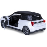 Jamara BMW Mini Cooper Diecast, Modellfahrzeug weiß, Maßstab 1:28, inkl. Knopfzellen, Rückzugmotor