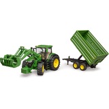 bruder 03155 John Deere 7R 350 mit Frontlader und Tandemachstransportanhänger, Modellfahrzeug grün