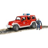 bruder 02528 Jeep Wrangler Unlimited Rubicon Feuerwehrfahrzeug mit Feuerwehrmann, Modellfahrzeug rot/weiß