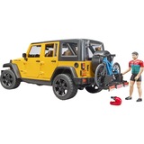 bruder 02543 Jeep Wrangler Rubicon Unlimited, Modellfahrzeug gelb/schwarz, Inkl. Mountainbike und Radfahrer