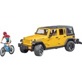 bruder Jeep Wrangler Rubicon Unlimited, Modellfahrzeug gelb/schwarz, Inkl. Mountainbike und Radfahrer