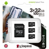Kingston Canvas Select Plus 32 GB microSDHC, Speicherkarte schwarz, 3er-Pack, UHS-I U1, Class 10, V10, A1