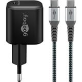 goobay USB-C Ladeset, PD, 65 Watt, USB-C Textilkabel, Ladegerät schwarz, 1x USB-C PD, GaN, 1 Meter Kabel