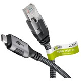 goobay Ethernet-Kabel USB-C 3.2 Gen2 Stecker > RJ-45 Stecker, LAN-Adapter schwarz/silber, 2 Meter, geflochtener Textilmantel