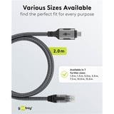 goobay Ethernet-Kabel USB-C 3.2 Gen2 Stecker > RJ-45 Stecker, LAN-Adapter schwarz/silber, 2 Meter, geflochtener Textilmantel