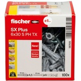 fischer Dübel SX Plus 6x30 PH TX hellgrau, 100 Stück, mit TORX-Schraube