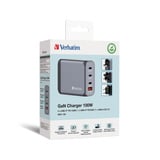 Verbatim GaN-Ladegerät 100W, 1x USB-A , 3x USB-C grau, PD 3.0, QC 3.0