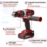 EINHELL Akku-Schlagbohrschrauber TE-CD 18/48 Li, 18Volt schwarz, 2x Li-Ionen Akku 2,0Ah
