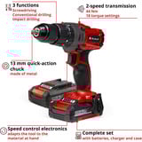 EINHELL Power X-Change Akku-Schlagbohrschrauber TE-CD 18/2 Li-i +64, 18Volt rot/schwarz, 2x Li-Ionen Akku 2,0Ah, Koffer + Bit-Bohrer-Set