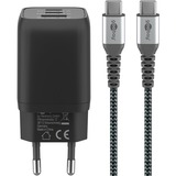 goobay USB-C Schnellladegerät Nano, PD, GaN, 65 Watt, USB-C Textilkabel schwarz, 1x USB-A, 2x USB-C PD, Quick Charge 3.0, 1 Meter Kabel