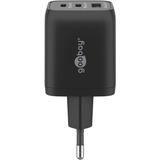 goobay USB-C Schnellladegerät Nano, PD, GaN, 65 Watt, USB-C Textilkabel schwarz, 1x USB-A, 2x USB-C PD, Quick Charge 3.0, 1 Meter Kabel